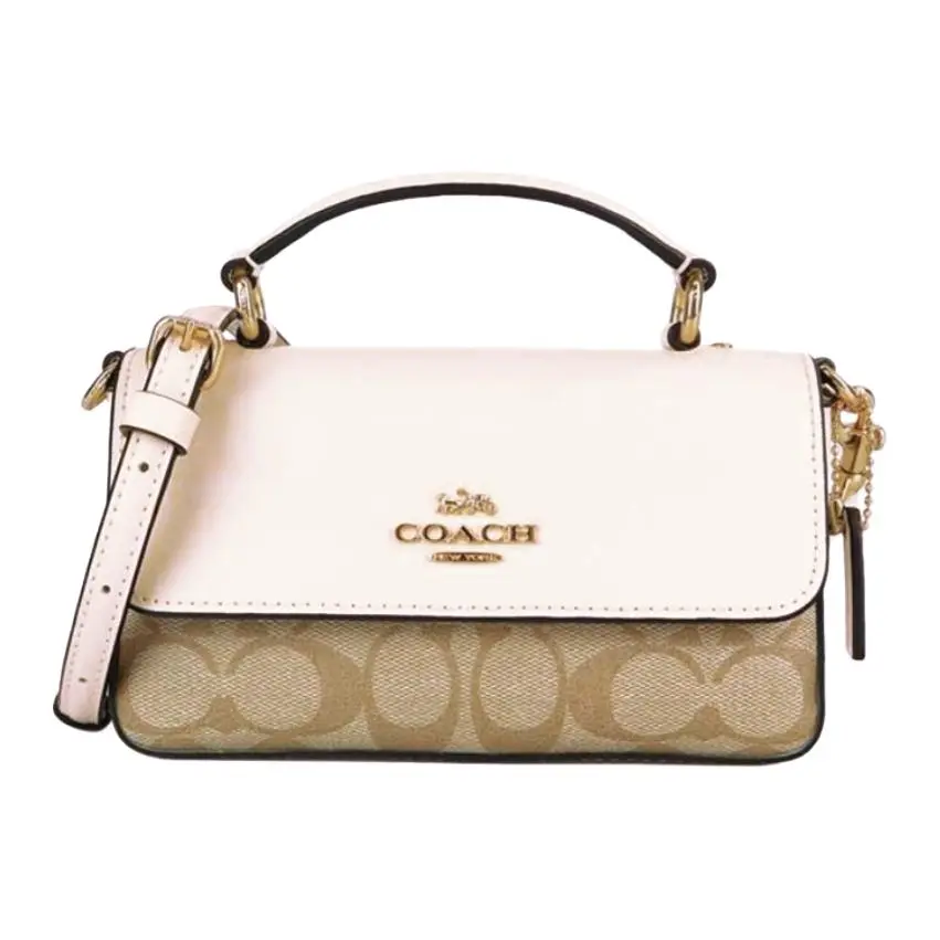 COACH Cow Leather Handbag, Shoulder Bag, Crossbody Bag Small Women's Khaki & Chalk White