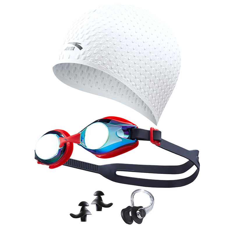 Red non-slip waterproof swimming cap anti-fog, earplugs, nose clip, silicone set for swimming, swimming pool for men and women, 4 piece set