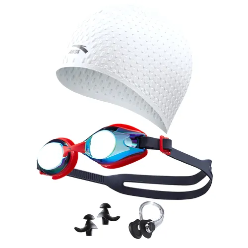 Red non-slip waterproof swimming cap anti-fog, earplugs, nose clip, silicone set for swimming, swimming pool for men and women, 4 piece set