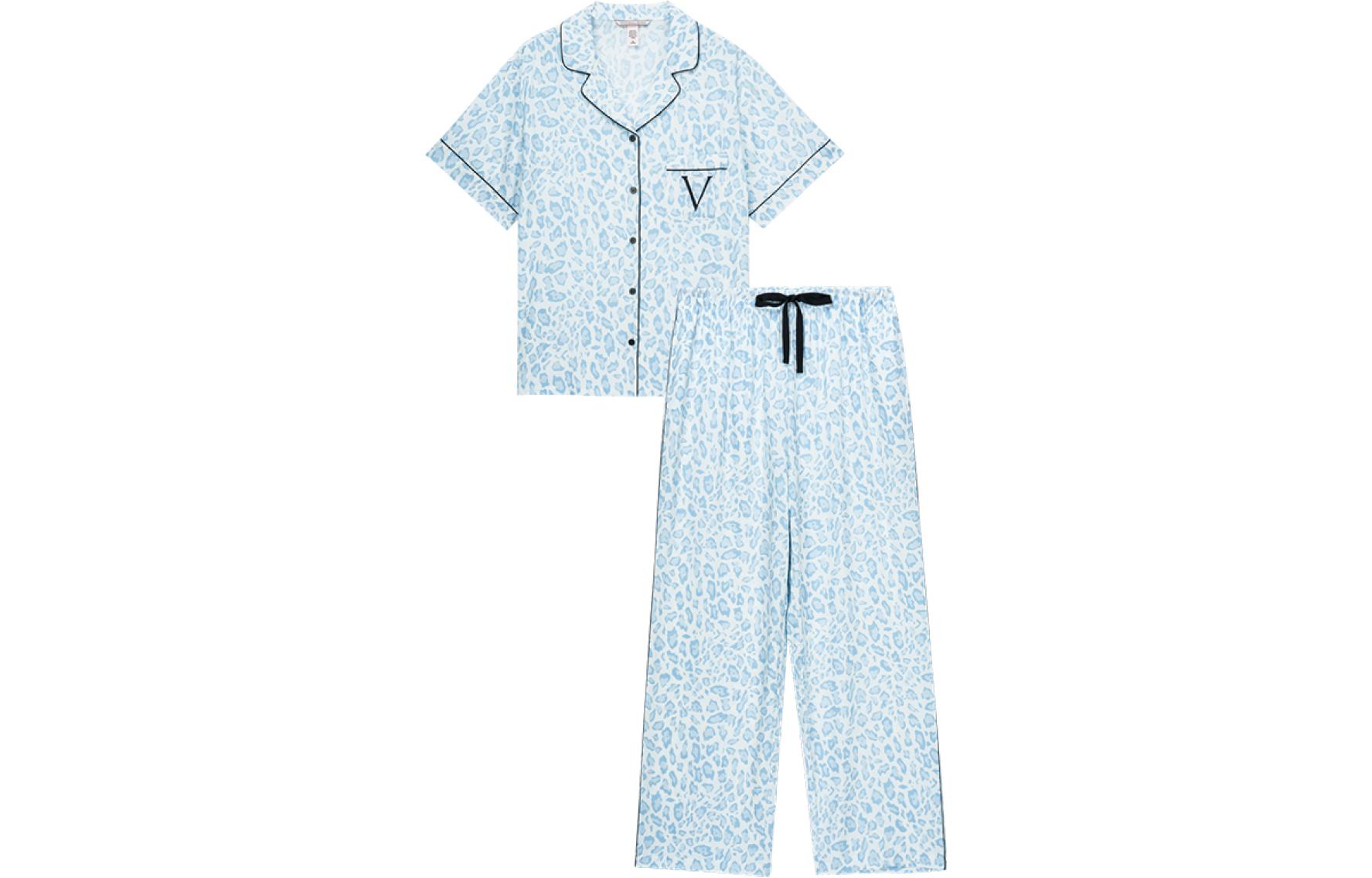 Victoria's Secret Victoria's Secret Tencel cotton soft and cool printed lapel short-sleeved trousers pajama set for women blue leopard print