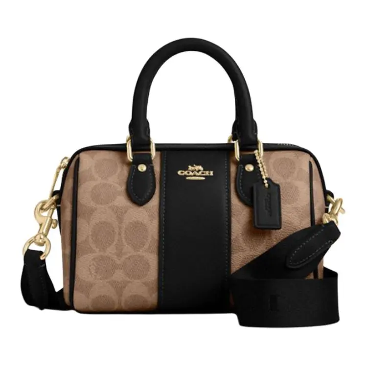 COACH Rowan Artificial Leather Boston Bag, Crossbody, One Shoulder, Handbag Small Women's Tan & Black
