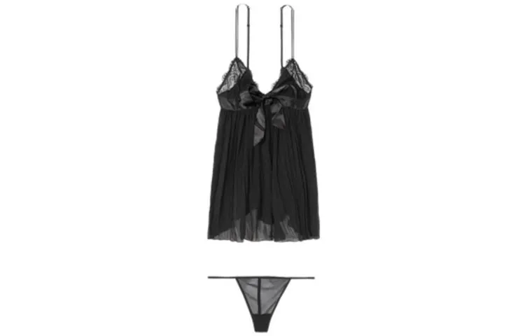 Victoria's Secret VERY SEXY Pleated Babydoll Underwear Set Women's Black