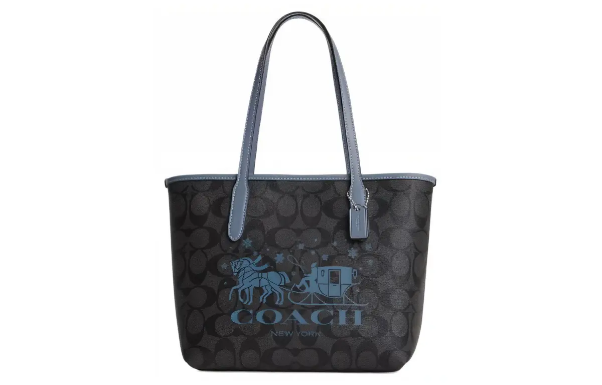 COACH City Canvas With Leather Tote Bag, Shopping Bag, Handbag, Shoulder Bag Medium Women's Brown & Blue