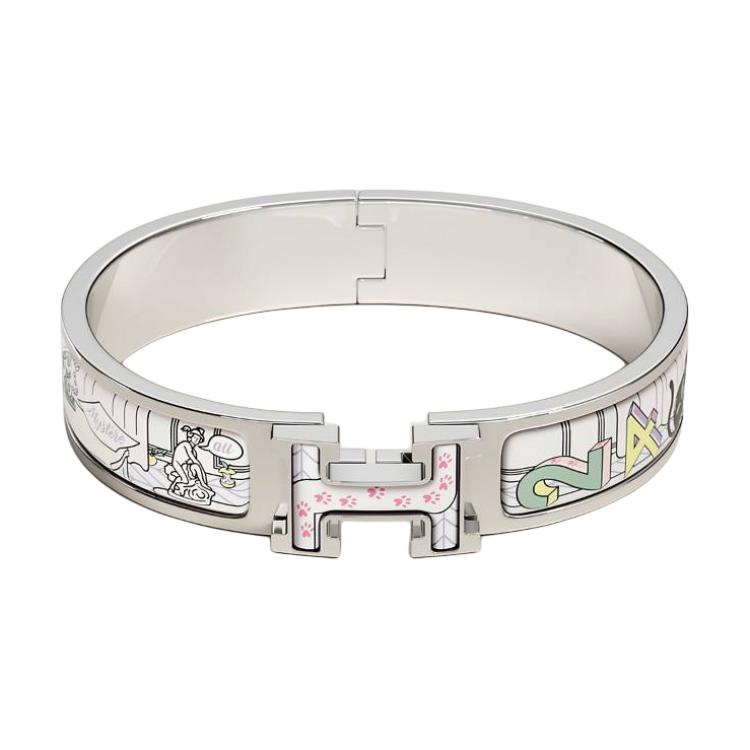 HERMES Clic H Brand Logo Enamel Bangles Unisex Jasmine Color