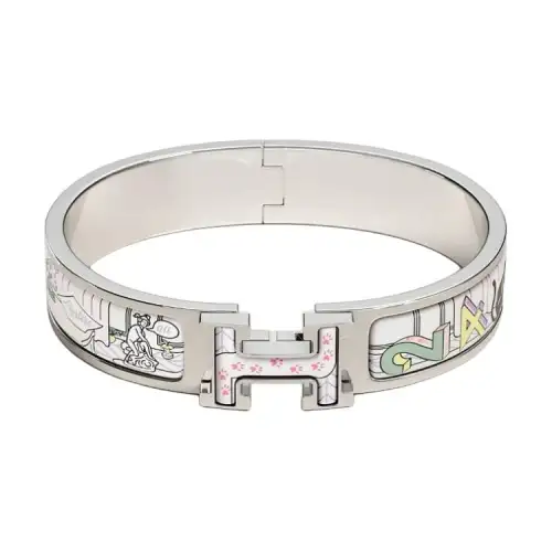 HERMES Clic H Brand Logo Enamel Bangles Unisex Jasmine Color