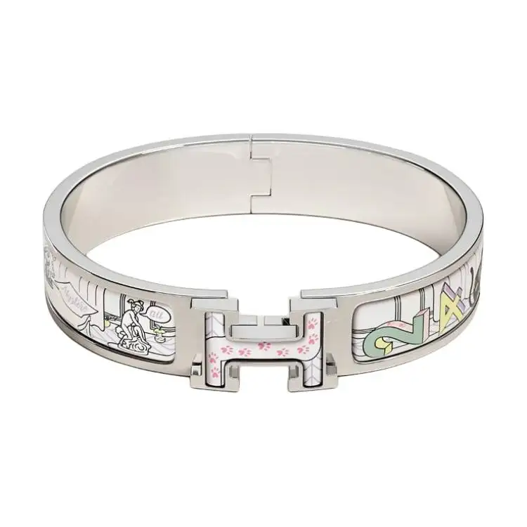 HERMES Clic H Brand Logo Enamel Bangles Unisex Jasmine Color