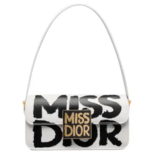 DIOR Miss Dior Calfskin Handbag, Shoulder Bag Women's White & Black