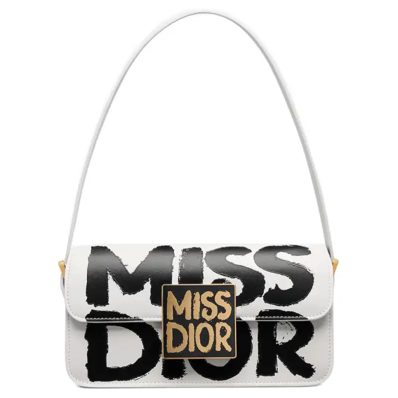 DIOR Miss Dior Calfskin Handbag, Shoulder Bag Women's White & Black