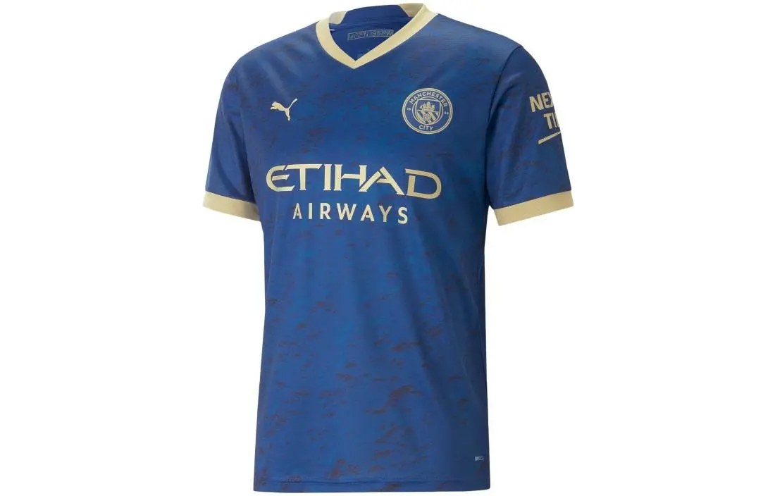 PUMA MCFC CNY Year Of The Rabbit T-Shirts Men's Blue V-neck Moderate Straight Fit