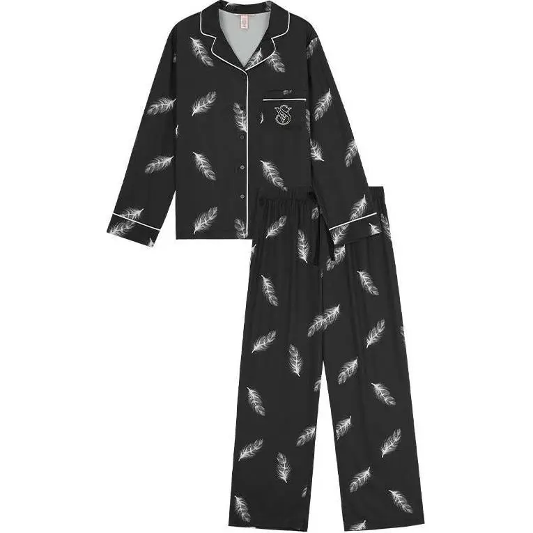 Victoria's Secret Pajama Set Refined Print Silky Skin Friendly Women's Black Feather
