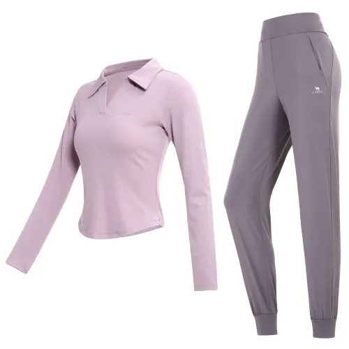 CAMEL Long-sleeve, waist belt, trousers for yoga, sports jersey, uniform, set for gym, polo collar, high waist