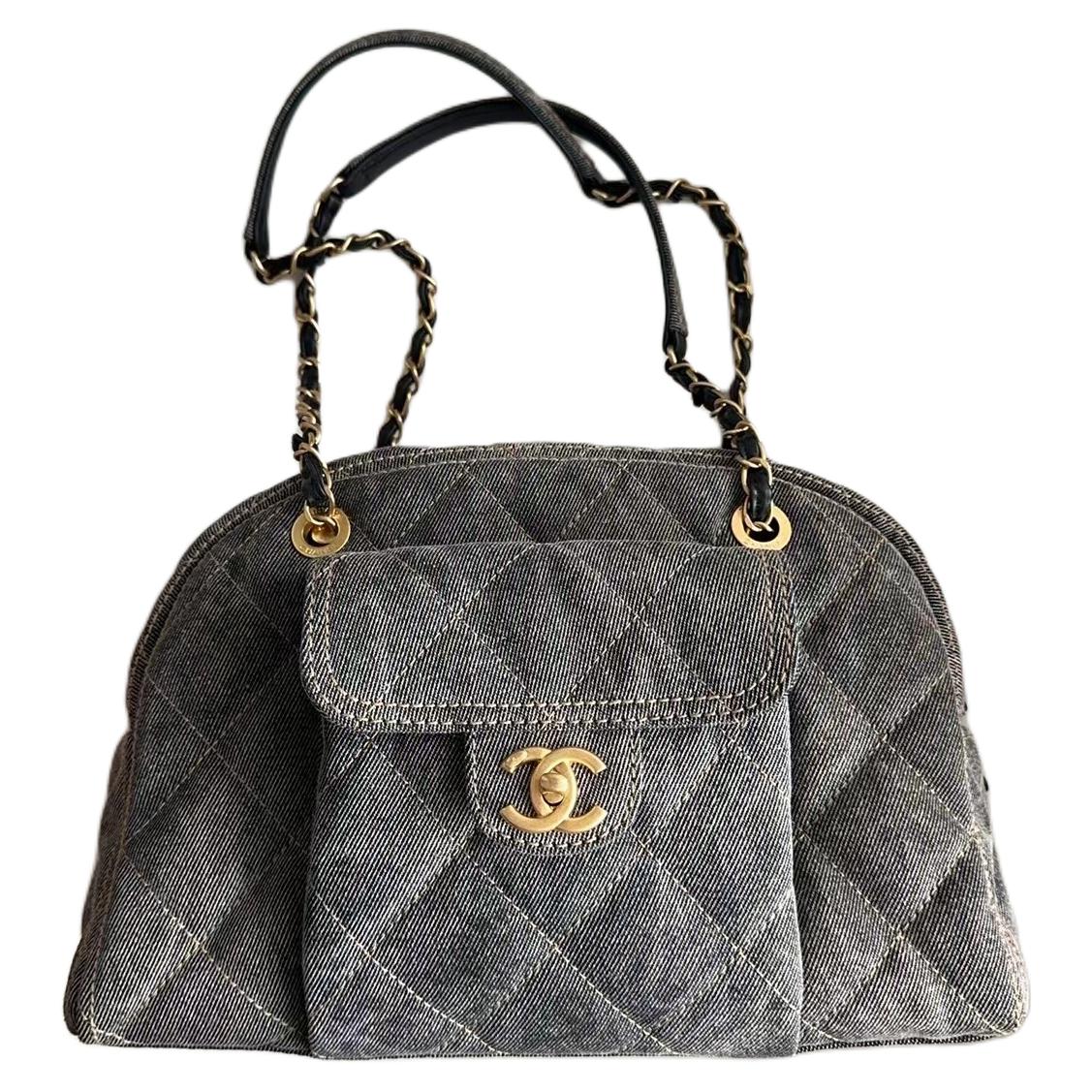 CHANEL Denim One Shoulder Handbag Small Women's Gray