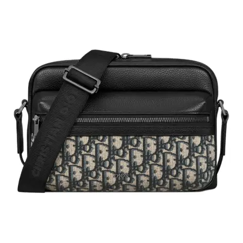 DIOR Oblique Jacquard Canvas With Grainy Surface Calfskin Messenger Bag Shoulder Bag Crossbody Bag Men's Beige & Black