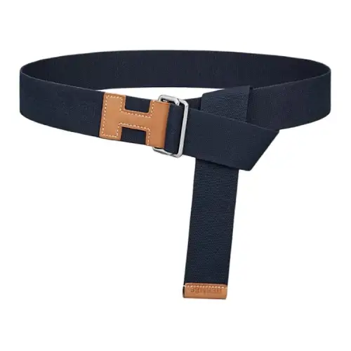 HERMES Badge Design Cow Leather Belts Men's Blue Width 4CM