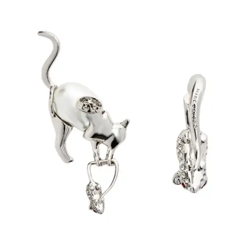 MARC JACOBS Cat and Mouse Pattern Brass Silver Plated Glass Crystal Baroque Pearl Earrings Women's Silver