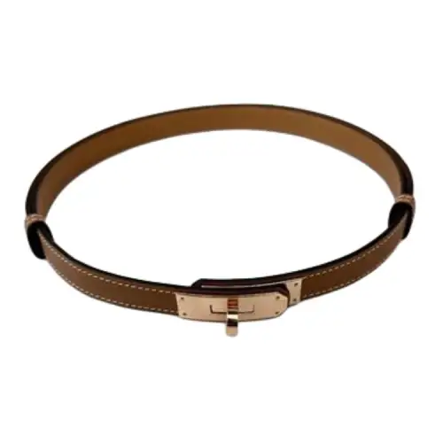 HERMES Solid Color Design Calfskin Leather Belts Women's Light Brown Width 1.8CM