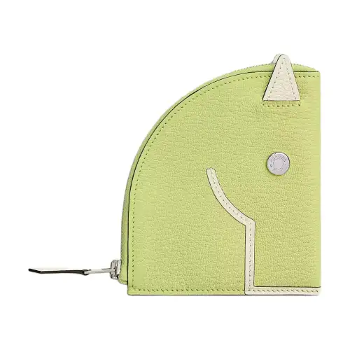 HERMES Mysore Goat Skin Coin Purse Women's Yellow Bud Green & Gray White