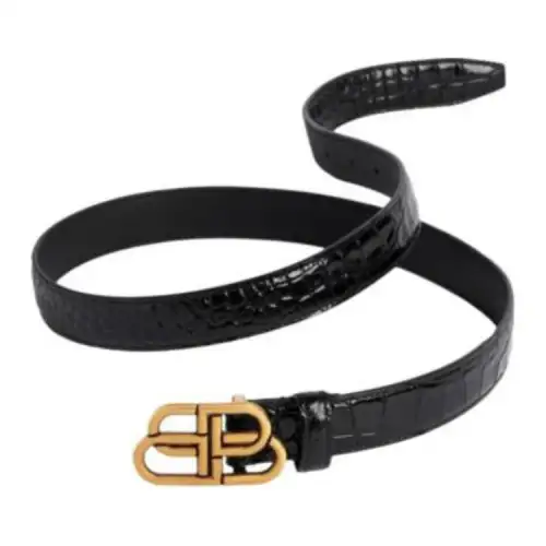 Balenciaga Logo Sign Plant Calfskin Leather Belts Women's Black Width 2.8CM