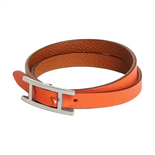 HERMES Behapi Calfskin, Metal, Palladium Plated Wristbands Unisex Orange Brown
