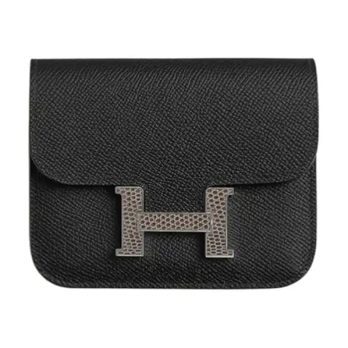 HERMES Constance Slim Enamel Buckle Epsom Calfskin Vs Niloticus Lizard Skin Wallet Women's Black