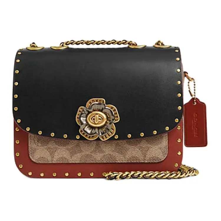 COACH Madison Shoulder Bag Tea Rose Turnlock Rivets & Snakeskin Details Women's Black/Red