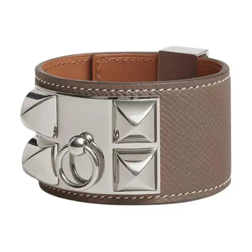 HERMES Swift Leather Wristbands Women's Brown/Silver