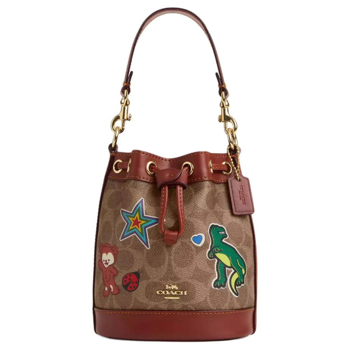 COACH Dempsey Coated Canvas Bucket Bag Handbag Mini Women's Gold & Brown Umber Multicolor