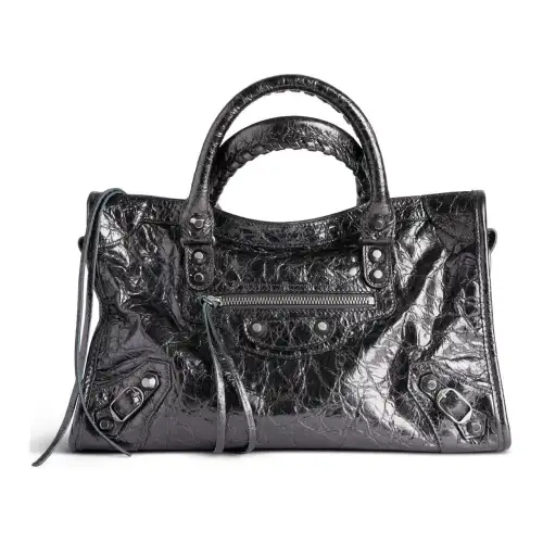 Balenciaga Le City Small Bag In Steel Grey Metallized Arena Lambskin Shiny Silver Hardware Steel Grey