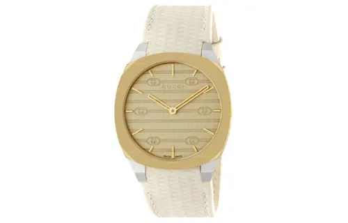 GUCCI 25H Wrist Watches Quartz Movement Leather Strap 34mm Gold Dial Women's Watch 30m Water Resistant