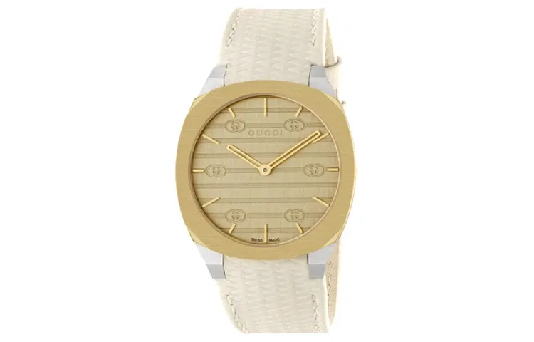 GUCCI 25H Wrist Watches Quartz Movement Leather Strap 34mm Gold Dial Women's Watch 30m Water Resistant