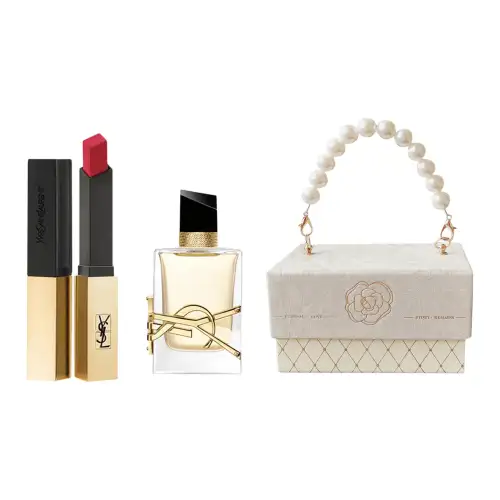 YSL, bar, makeup primer, set pearl, velvet gift box, matte lipstick, face blush, perfume sample, Chanel style, long-term effect, Birthday gift