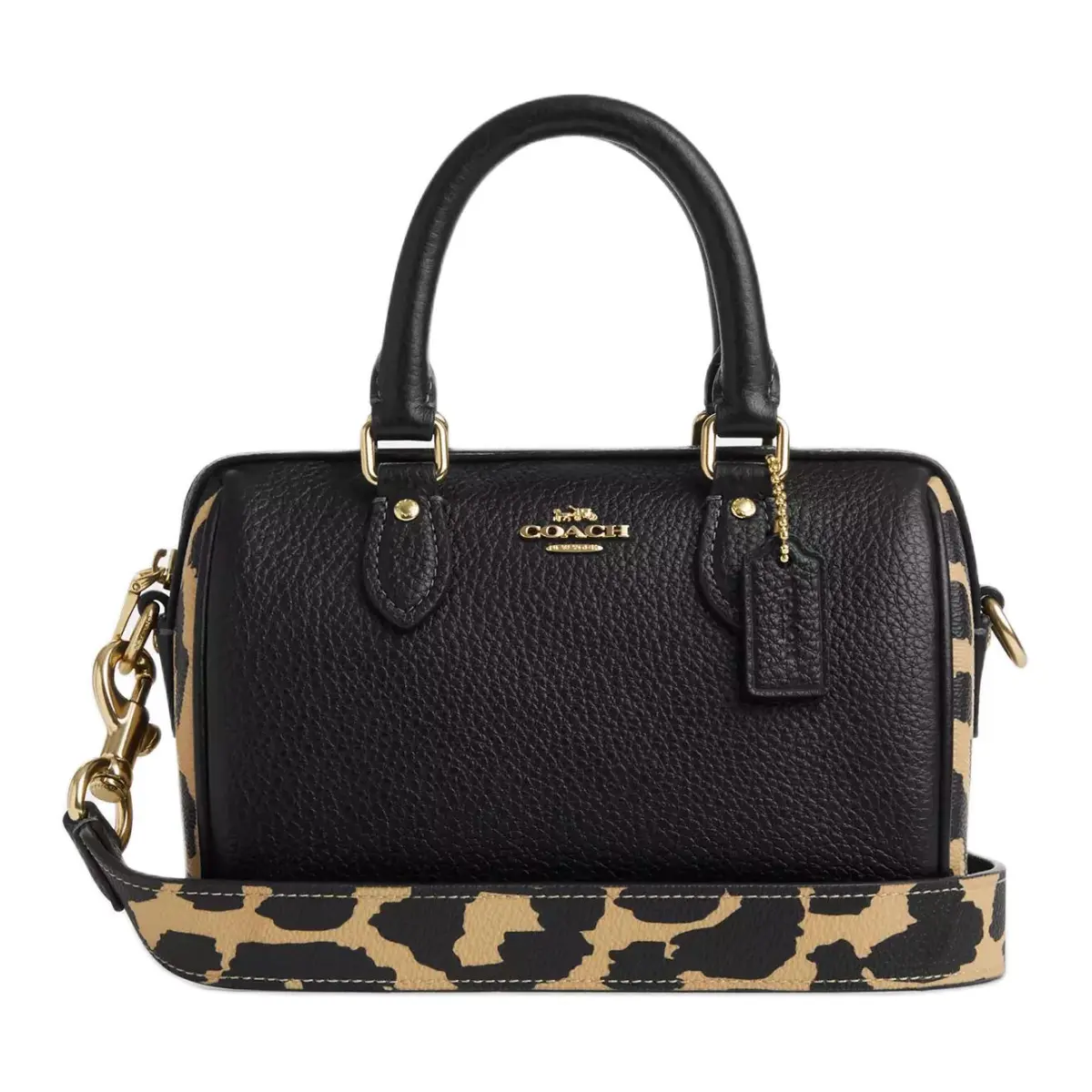 COACH Rowan Litchi Grain Leather Boston Bag, Handbag, Crossbody Bag Small Women's Leopard Print Multicolor