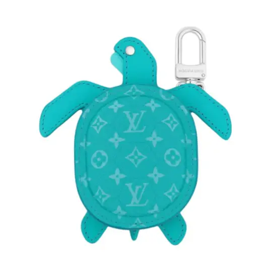 LOUIS VUITTON Turtle Leather Paneled Canvas Bag Charm Coin Purse Earphone Case Men's Turquoise