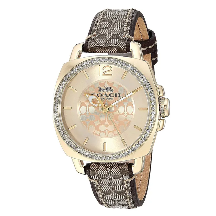 COACH Wrist Watches Quartz Movement Canvas Cow Leather Strap 32mm Gold Dial Women's Watch 30m Water Resistant