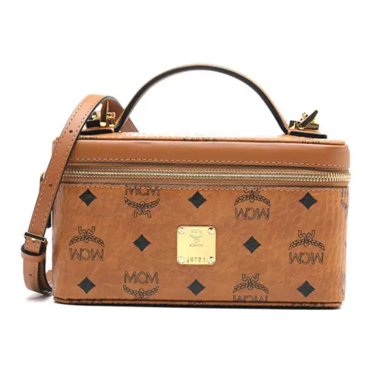 MCM Leather Box Bag, Makeup Bag, Shoulder Bag, Crossbody Bag, Handbag Women's Brown & Cognac