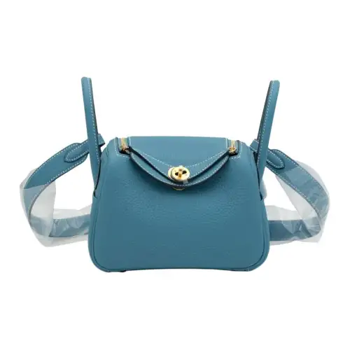 HERMES Lindy Taurillon Clemence Cow Leather Handbags 19 Women's D2 NEW BLEU JEAN New Denim Blue