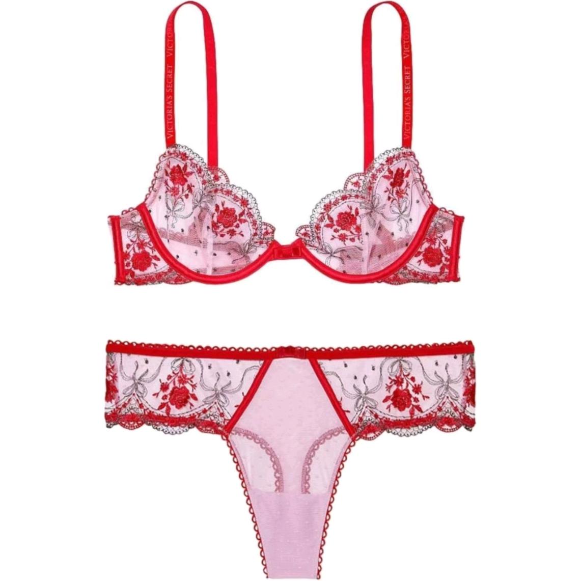 Женский комплект нижнего белья Victoria's Secret Тонг (розовый с цветами)