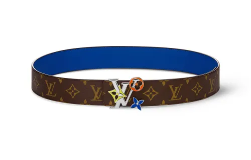 LOUIS VUITTON Enamel Sheepskin Leather Belts Men's Brown/Blue Width 4cm