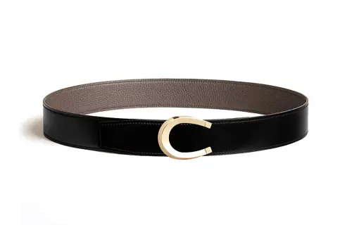 HERMES Luck Leather Belts Men's Black/Tin Gray 3.8cm