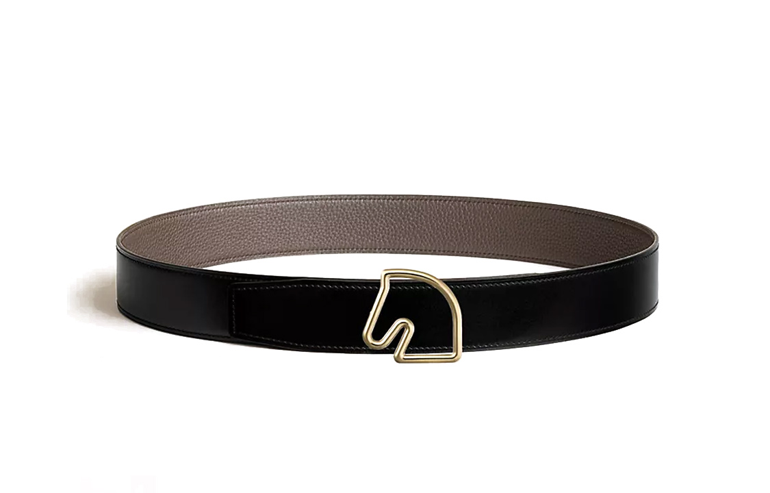HERMES Gold Horse Head Smooth Buckle Tete De Cheval Leather Belts Men's Black/Light Umber 3.8cm