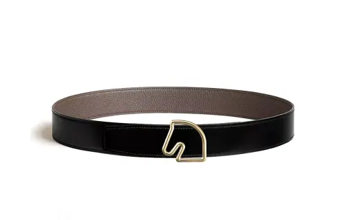 HERMES Gold Horse Head Smooth Buckle Tete De Cheval Leather Belts Men's Black/Light Umber 3.8cm