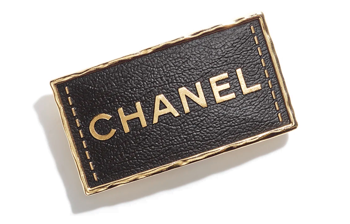 Chanel 2023 Gold Plated and Leather Logo Plate Brooch costume brooch