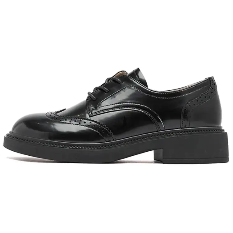 AGSDON PU British Academy style Brock carved leather shoes retro deep mouth thick heel lace-up casual shoes 3.5cm women's black