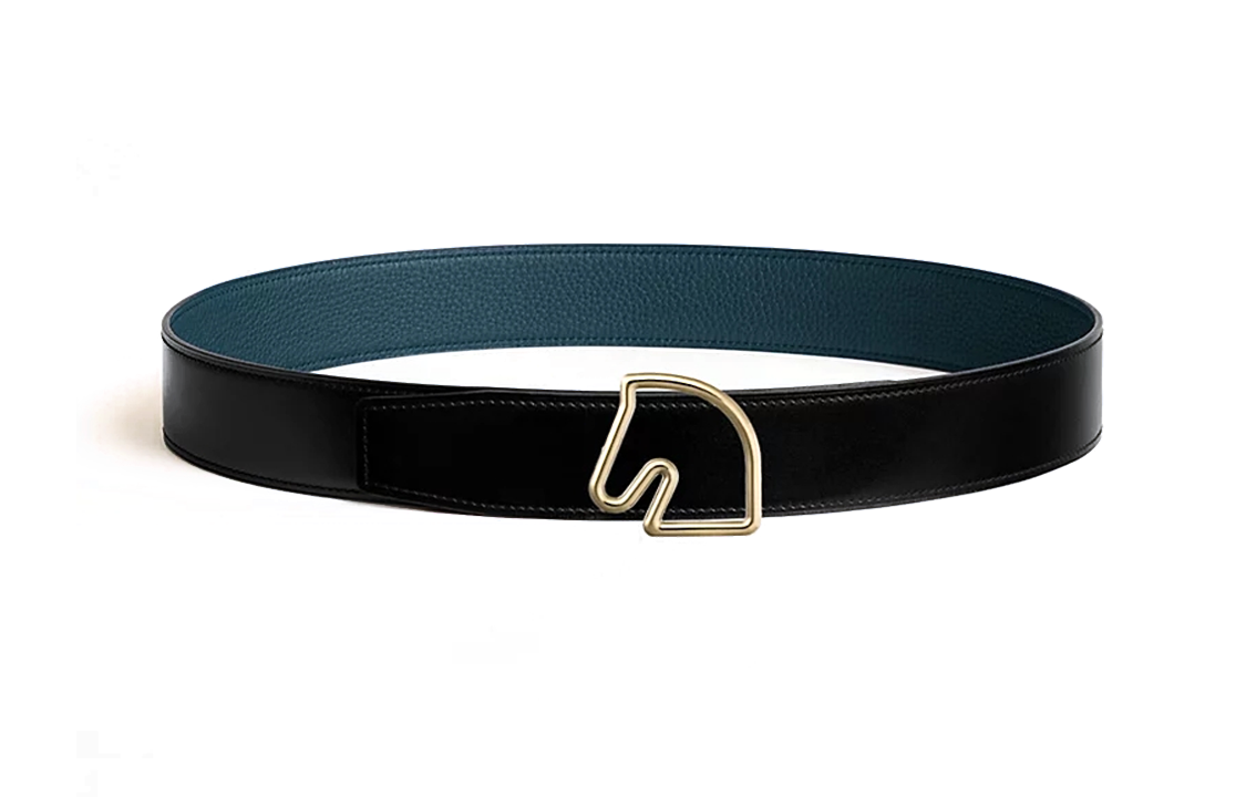 HERMES Tete De Cheval Metal Calfskin Leather Belts Men's Width 3.8cm