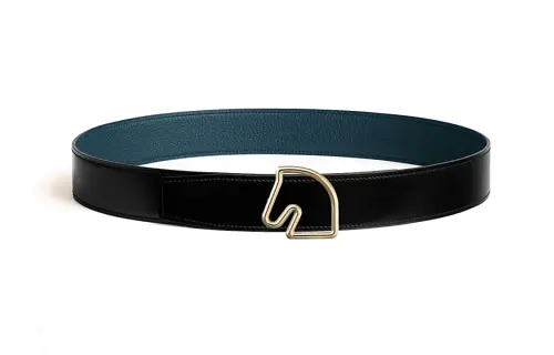 HERMES Tete De Cheval Metal Calfskin Leather Belts Men's Width 3.8cm