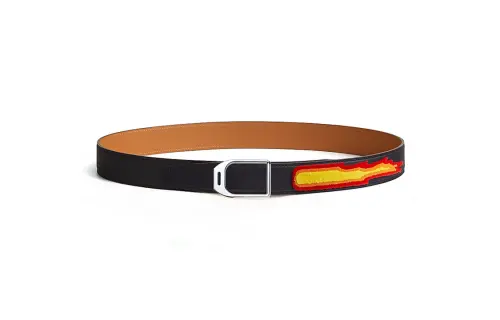 HERMES Palladium Plated Metal, Calfskin Leather Belts Men's Width 3.2cm