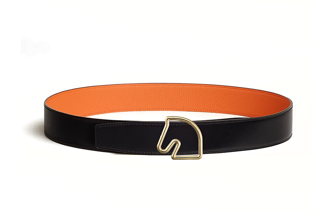 HERMES Tete De Cheval Metal, Brass, Togo, Calfskin Leather Belts Men's Width 3.8cm