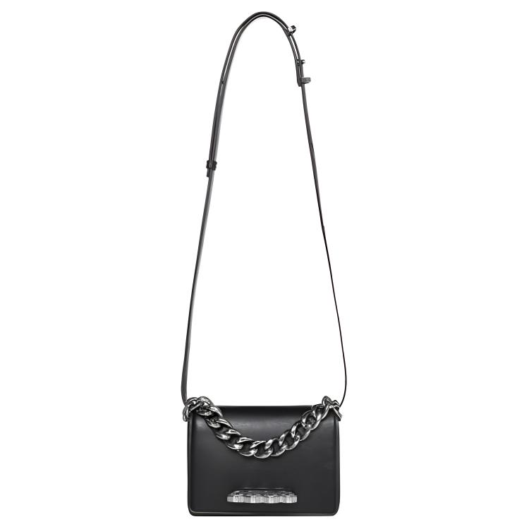 Alexander McQueen Alexander McQueen THE FOUR RING silver four-ring decorated adjustable shoulder strap calfskin hand-held shoulder crossbody bag mini women's black