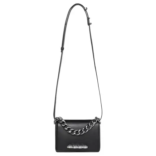 Alexander McQueen Alexander McQueen THE FOUR RING silver four-ring decorated adjustable shoulder strap calfskin hand-held shoulder crossbody bag mini women's black