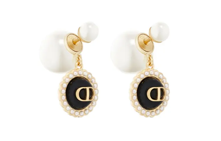 DIOR Resin Bead Ornament, Metal Earrings Women's Black